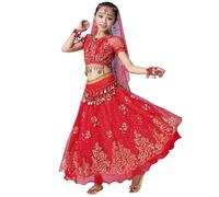 Set de 5 Pièces Danse Indienne Enfant Fille - Costume de Danse Orientale, Tenue Folklorique pour Spectacle de 5 à 15 Ans avec Top, Jupe Élastique, Chaîne de Taille Sequins, Coiffe (Red, 13-15 Years)