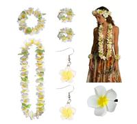 Set de 5 Pièces Décoration Hawaïenne pour Femme - Collier de Fleurs, Bracelet, Boucles d’Oreilles et Pince à Cheveux - Accessoires Luau pour Soirée Hawaï, Déguisement Tropical