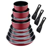 Set de 5 poêles Ø18Ø20Ø22Ø24Ø26cm avec 2 poignées amovibles + 3 casseroles Ø16Ø18Ø20cm avec manche amovible -Aluminium pressé couleur rouge Click&Cook Bergner