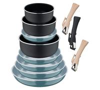 Set de 5 poêles Ø18Ø20Ø22Ø24Ø26cm couleur verte + 3 casseroles Ø16Ø18Ø20cm + 3 poignées amovibles couleur noire -Aluminium pressé Click&Cook Bergner