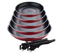 Set de 5 poêles Ø18Ø20Ø22Ø24Ø26cm en aluminium pressé rouge + 2 poignées amovibles Click&Cook Bergner