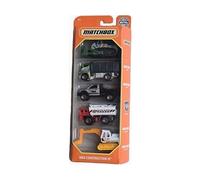 Set de 5 véhicules pour Matchbox : mbx Construction III - Coffret Camion et Pelleteuse Engin de Chantier Miniature + 1 Carte Animal - Enfant