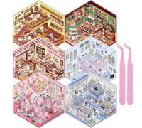 Set de 6 Autocollants 3D Scène Miniature DIY avec Pince - Maison de fête, Maison Rose Cochon et Boutique Glace Pingouin - Stickers 3D Décoratifs pour Livre Scrapbooking et Activité Manuelle Adulte