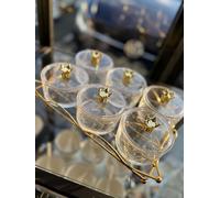 Set de 6 Coupelles en Verre avec Couvercles Dorés en Forme de Couronne - Présentoir Métallique Doré Inclus - Pot à Épices, Sucrier, Verrines - Service Élégant pour Apéritif ou Dessert - Déco de Table