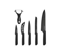 Cheffinger Set de 6 Couteaux avec Éplucheur et Couteau à Pizza Antiadhésif Noir