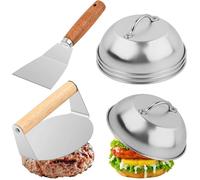 Set de 6 Pièces Smash Burger Press Kit,4 Cloches à Hamburger en Acier Inoxydable,1 Presse à Hamburger,1 Spatule Plancha,15x6,5 cm