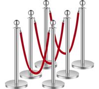 set de 6 poteaux de barrage - avec 3 cordes de velours rouge - Construction robuste et remplissable - Argent - Idéal pour les événements et la gestion des queues de billard