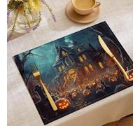 Set de 6 Sets de Table des Pays Sombres | Cimetière citrouilles la Maison hantée - 30x45cm - Sets de Tables lavables pour Les Vacances - Sets de Table pour la Cuisine et Les fêtes - Décoration