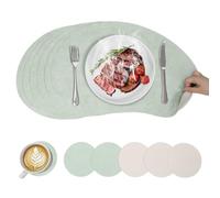 Set de 6 Sets de Table et sous-Verres - Grands Sets de Table réversibles en Simili-Cuir en Forme de Mangue pour Les Repas dans Les Restaurants et Les fêtes en Plein air, 50x32 cm, Vert Clair + Beige