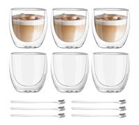 Set de 6 Tasses à Café Double Paroi - 80 ml Tasses à Expresso en Verre Avec Cuillères - Pour Latte Macchiato, Thé, Lait