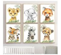 Set de 6 Toile Animaux Bebe Jungle Tropicale Affiche Safari Chambre Enfant Poster Tableau Murale Decoration 20*30cm sans Cadre