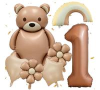 Set de 7 ballons en forme d'ours pour la décoration du 1er anniversaire, ballons en feuille rétro avec le chiffre 1, marguerites, arc-en-ciel, cœur et étoile, déco de fête d'anniversaire pour bébé