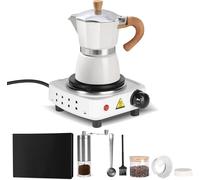set de 7 cafetières espresso avec fourneau électrique, 3 tasses à espresso, 150 ml, avec pot à moka, fourneau électrique, moulin, cuillère à mesurer, distributeur de poudre, cadeau pour les amateurs d