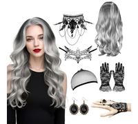 Set De 7 Perruque Carnaval Femme, Perruque Grise Carnaval Femme, 70cm Perru-que Fem-me, Long Wavy Silver Grey Wig, Accessoire en Dentelle pour Carnaval, Cosplay, Mascarade