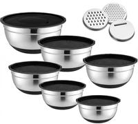 Set de 7 saladier avec couvercle, saladier inox avec couvercle hermétique, 3 râpes incluses, base antidérapante en silicone, 4,5 L / 2,7 L / 2 L / 1,5 L / 1,2 L / 0,7 L, pour remuer et servir, noir