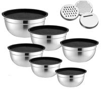 Set de 7 saladier avec couvercle, saladier inox avec couvercle hermétique, 3 râpes incluses, base antidérapante en silicone, 4,5 L / 2,7 L / 2 L / 1,5 L / 1,2 L / 0,7 L, pour servir et remuer, noir