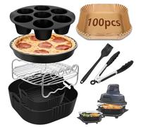 Set de 8 Accessoires Air Fryer pour Ninja CRISPi FN101EU & Pro | Comprend 2 Inserts en Silicone 1,33L & 3,44L, 100 Papiers de Cuisson, 1 Grille Inoxydable etc, Sans BPA, va au Lave-Vaisselle