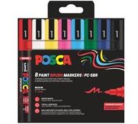 POSCA Mitsubishi Pencil - Pochette 8 Marqueurs PC5BR - Pointe Brush Moyenne, Semi-Flexible - Peinture à Base d'Eau - Tout Support - Couleurs Basiques