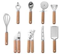Set de 9 Ustensiles de Cuisine en Acier Inoxydable avec Manche en Bois Coupe-Pizza, Presse-Ail Ouvre-Boîte Râpe à Fromage Éplucheur