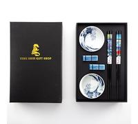 Set de baguettes premium - 2 plats en céramique, 2 baguettes en bambou, 2 supports en céramique - Élégant coffret cadeau pour sushi, ramen et cuisine asiatique (Océan)