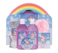 Set de bain et de douche Accentra Magical Unicorn pour adolescents, filles, design licorne, gel douche, parfum fraise & vanille, cadeau 7 pièces, enfants, anniversaire, valise en papier