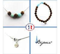 Set de bijoux Bracelet Collier 8 mm Perles en bois + Larimar de la République Dominicaine Chaîne en acier inoxydable