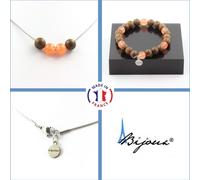 Set de bijoux Bracelet Collier Perles en bois + Calcédoine orange 8 mm Chaîne en acier inoxydable