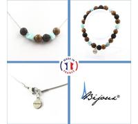 Set de bijoux Bracelet Collier Perles en bois + Lave + Larimar de la République Dominicaine 8 mm Chaîne en acier inoxydable