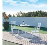 casa.pro Set de Bistrot 3 Pièces avec Table Ronde et 2 Chaises Ensemble de Meuble de Jardin Balcon Patio Terrasse Trou de Parasol Capacité 120 kg en Fonte d'Aluminium Blanc