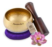 Set de bol chantant tibétain pour le yoga, la méditation et la relaxation - Bol chantant martelé tibétain Ø 10 cm, mailloches en bois de mangue et coussin jaune à anneaux Lila