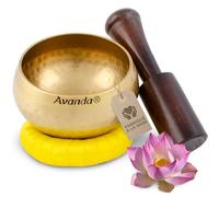 Set de bol chantant tibétain pour le yoga, la méditation et la relaxation - Bol chantant martelé tibétain Ø 10 cm, mailloches en bois de mangue et coussin jaune à anneaux Argent