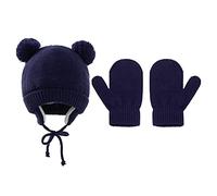 Set de Bonnet et Moufles Hiver Chapka Gants Tricoté Doublure en Peluche Thermique Chapeau avec Cache-oreilles Chaud Mitaines Tout-petits Cagoule Anti-vent pour Bébé Fille Garçon 1-3 Ans