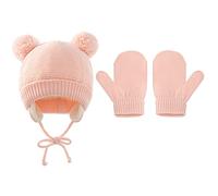 Set de Bonnet et Moufles Hiver Chapka Gants Tricoté Doublure en Peluche Thermique Chapeau avec Cache-oreilles Chaud Mitaines Tout-petits Cagoule Anti-vent pour Bébé Fille Garçon 1-3 Ans