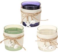 Set de bougies chauffe-plat maritimes en verre avec noeud en jute et coquillage