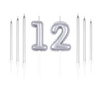 Set de bougies numéro 12 en argent avec 6 bougies longues, bougies pour gâteau d'anniversaire
