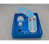 Set de bouillie de poche avec couverts en métal et pince et porte-tétine, détails en argent licorne, bleu ciel, set pour cuillère et fourchette avec licorne argentée