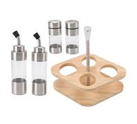 Set de Bouteilles à Assaisonnement en Acier Inoxydable avec Support en Bois, Bouteilles Translucides pour Poivre, 5 Pièces - Durable et Élégant, Facile à Nettoyer, Idéal Cuisine