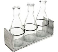 Set de bouteilles décoratives rustiques dans un support en bois gris-blanc, 3 bouteilles en verre
