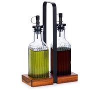 Set de Bouteilles d'Huile et de Vinaigre - Support en Bois - 5 x 5 x 19 cm - Transparent