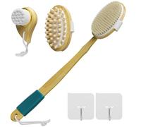 Set de brosses de bain en bambou | Longues poignées avec 2 têtes de brosse amovibles Poils / particules de bois | Brosse en laine en forme de goutte