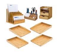 Set de bureau 7 pièces XL, en bambou, 4 bacs à courrier pour A4, organiseur, pots à crayons, porte-documents, nature