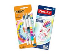 Set de bureau BIC Tye Die, Avec 3 Stylos BIC 4 Couleurs à Pointe Moyenne (1 mm) et 1 Set de 2 Souris Correctrices Blanches, 3 Stylos et 2 Souris
