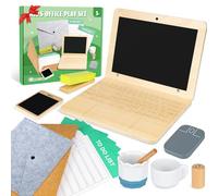 Set de Bureau en Bois pour Enfants, Commodum Jouets pour Enfants pour Jeux de Rôle, Ordinateur Portable et Téléphone, Souris, Tasse, Tampon pour Enfant de Maternelle, Cadeau Garcon Fille 3+ Ans
