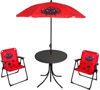 Set de camping pour enfants Coccinelle avec table et parasol - 4 pièces - Set de table de jardin pour les petits enfants avec parasol et 2 chaises