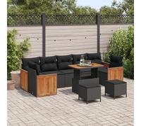 Set de Canapé de jardin 10 pièces avec coussins Noirs en Poly Rattan Acacia, Canapé de jardin 2 places avec coussins Noirs en Poly Rattan, Set de salle à manger de jardin 3 pièces avec coussins Noirs