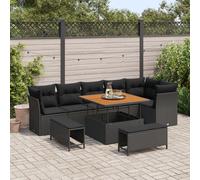Set de Canapé de Jardin 9 Pièces avec Coussins Noir Rattan PE Acacia, Set de Salle à Manger de Jardin 3 Pièces avec Coussins Noir Rattan PE Acacia