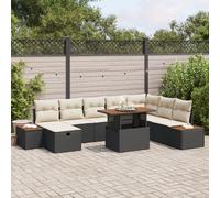 Set de Canapé de Jardin de 9 pièces vidaXL avec Coussins Noir Rattan Poly Acacia, Canapé de Jardin 2 Places vidaXL avec Rangement & Coussins Noir Rattan Poly