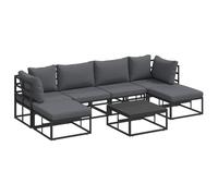Set de canapé modulable d'extérieur avec table, structure en alu noir, coussins en polyester, housses amovibles, résistant aux intempéries. Ça comprend 2 sièges d'angle et des poufs centraux, parfait