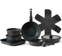 VEVOR Batterie de cuisine, 17 pcs, ensemble de casseroles et poêles à induction avec revêtement anti-adhésif, poignée amovible et couvercles en verre trempé, passe au four, pour camping-car, noir