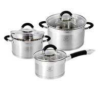 Set de casseroles - ROYAL SWISS - 3 pièces - Acier inoxydable - Couvercle en verre - Passoire intégrée